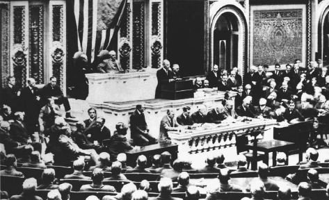 President Woodrow Wilson gave his Declaration of War speech before a joint session of Congress April 2, 1917. AP/WIDE WORLD PHOTOS. REPRODUCED BY PERMISSION.