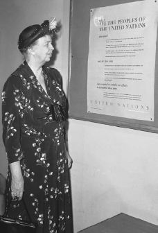 Eleanor Roosevelt reads the Universal Declaration of Human Rights on May 3, 1949, which was adopted the previous year by the United Nations. This document asserts that certain human freedoms and rights are possessed by every individual of every country in