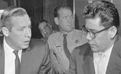 Ernesto Miranda (right) leaves a Phoenix court with his attorney. Miranda confessed to raping a girl after police misled him to believe they had sufficient evidence against him. Though the Supreme Court held that his confession was inadmissable, Miranda w