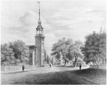 The First Parish meetinghouse, where Emerson delivered The American Scholar lecture. Lithograph by James Kidder, c. 1830. COURTESY OF THE BOSTON ATHENAEUM
