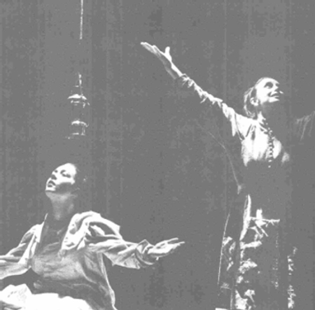 A scene from the 1984 Royal Shakespeare Company tour depicting Betty (Caroline Milmoe) and Abigail (Jenifer Landor)