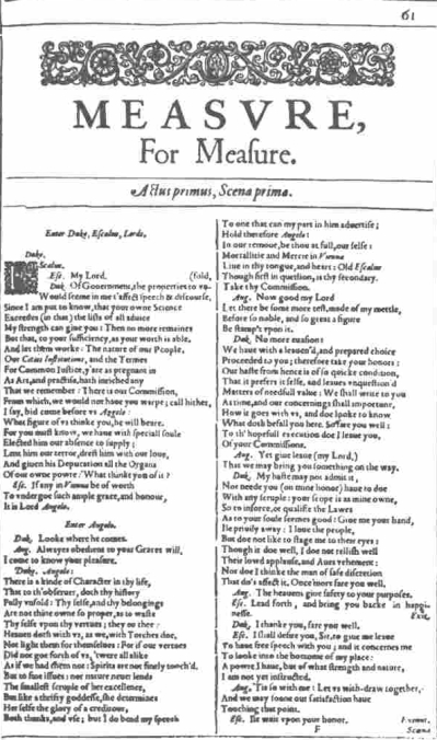 Title page of Measure for Measure taken from the First Folio (1623).