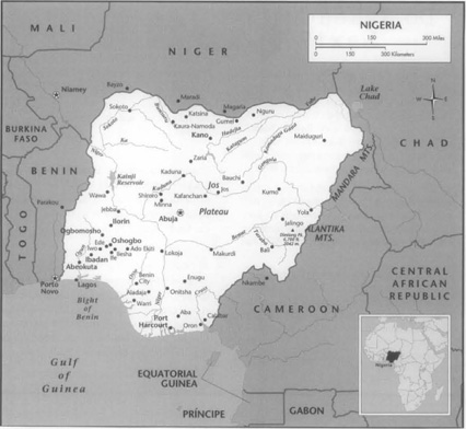 A map of Nigeria, showing the countrys location on the coast of Central Africa.