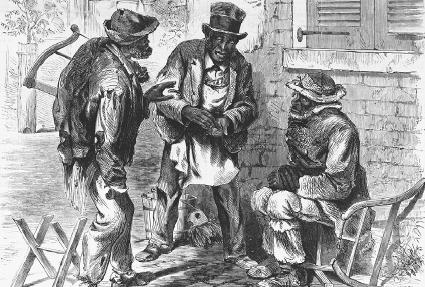Three African American men discuss politics, as shown in the November 20, 1869, issue of Harpers Weekly. The Library of Congress.